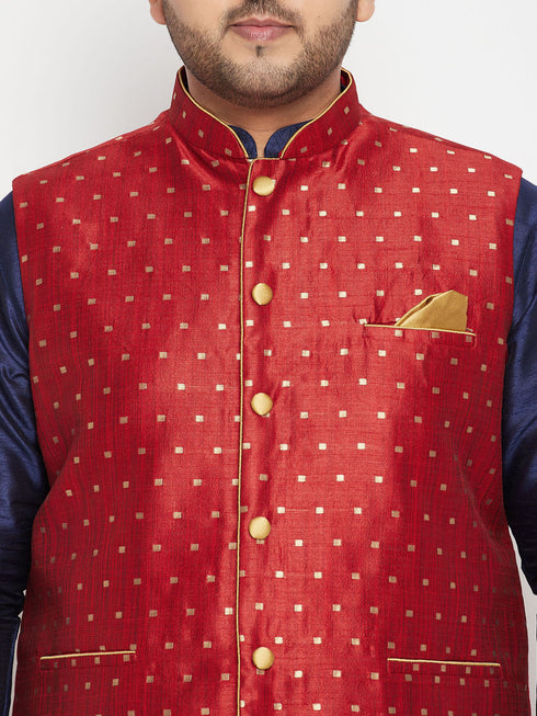 Vastramay Men's Plus Size Maroon Zari Weaved Nehru Jacket With Curved Kurta Dhoti set